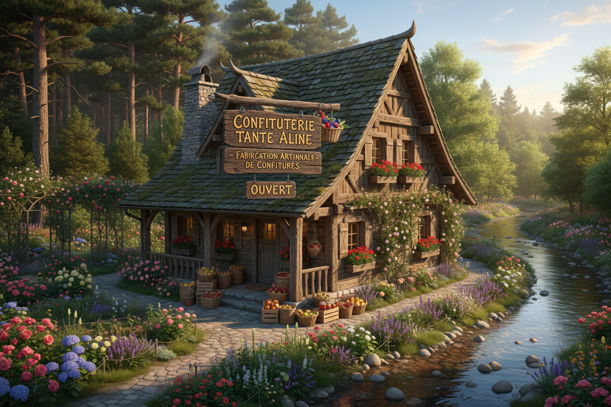 genere une image d'un chalet en bois représentant la confiturerie Tante Aline dans un merveilleux coin de jardin, près de la forêt et la rivière